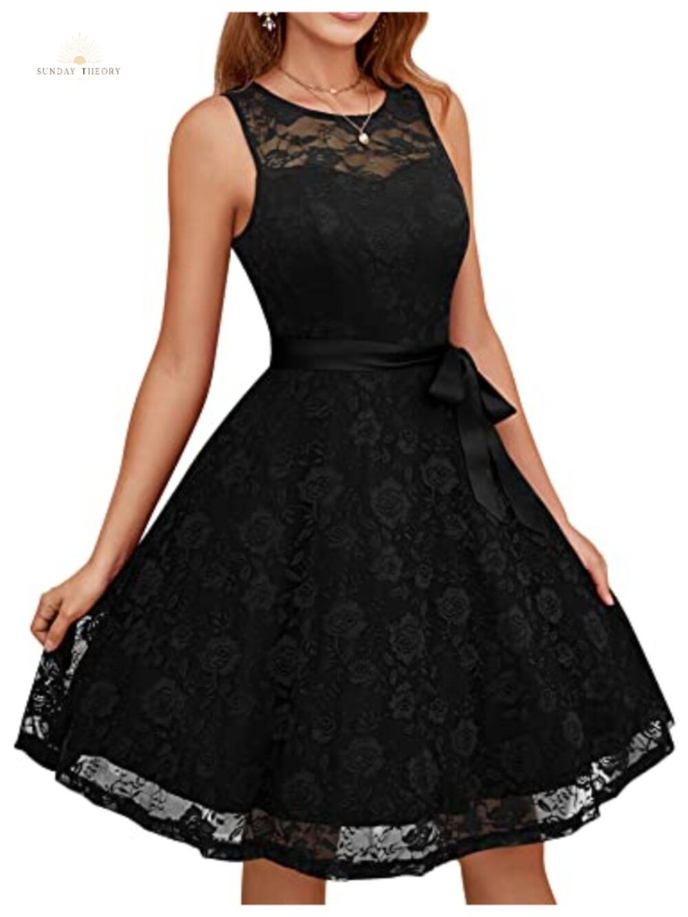Floral Lace Sleeveless A-Line Cocktail Dress Scoop Neck Knee Length